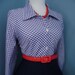 Vintage Cotton Blue and White Gingham Plaid 1950s 1960s Look Button Down Blouse