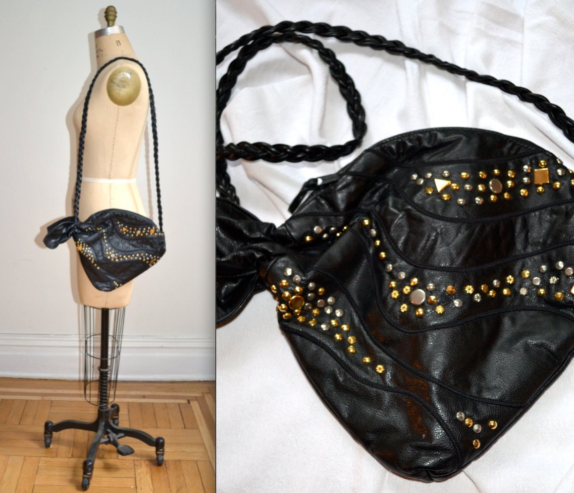 90s Vintage Black Leather Bag Purse Gold Metallic Studs