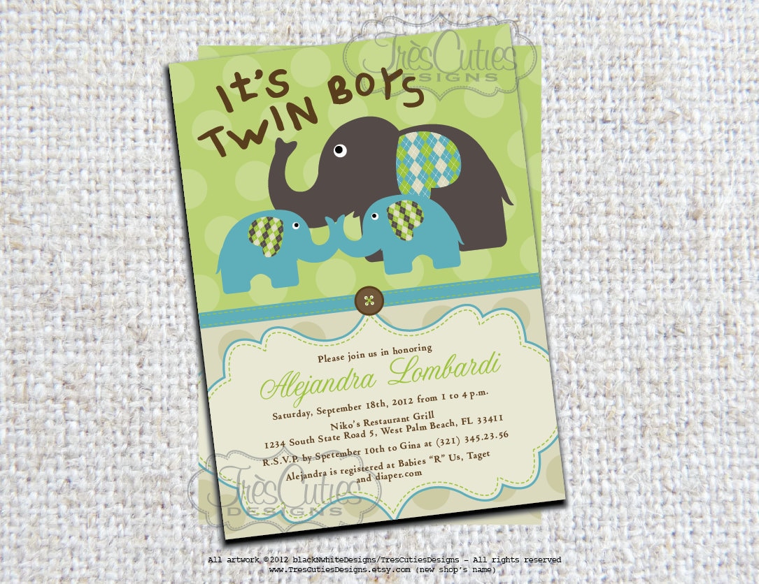 Twins Elephant Baby Shower Invitation Its Twin Boys Girls