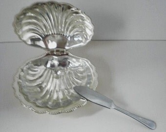 English Chrome Shell and Glass Butter Dish Set