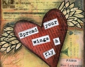 Mixed Media Art: Winged Heart - 5x5 print - Whimsical Art, Folk Art, Inspirational Art, Wall Art, Heart Art - red, pink, peach