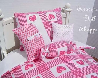 Doll Bedding 5 Pc Set for 18 Inch Dolls - Pink Hearts