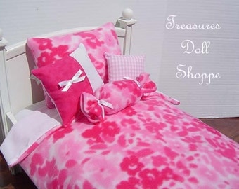 Doll Bedding 5 Pc Set for 18 Inch Dolls - Mottled Pink Floral Fleece