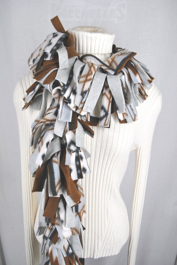 Fringe fleece scarf boa wrap brown gray southwest by twochixremix