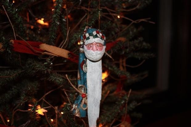 Driftwood Santa with Snowman Stocking Cap Ornament