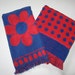 Set of 2 vintage cotton Cannon towels red blue mod daisy dot print fringe