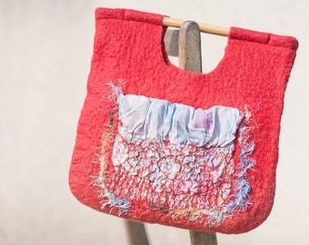Boho Red Nuno Felted Bag Wooden Handles Wool Multicolor Silk Tote Texture boho bohemian style