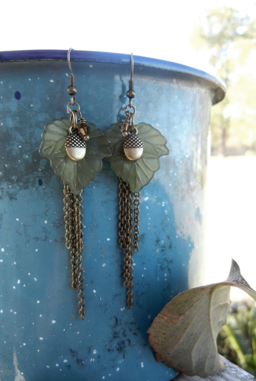 Antique Brass Earrings Lovely olive leaf and acorn by murstudio