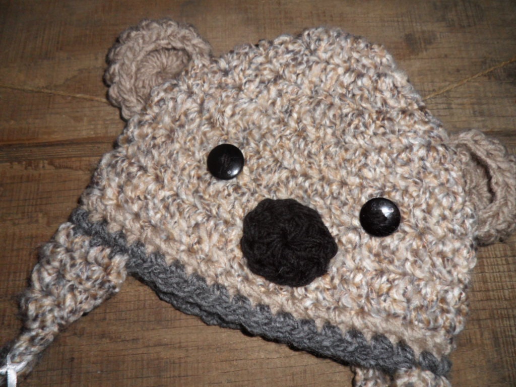 Koala Bear Crochet Hat Textured Cream Taupe Grey Button Eyes