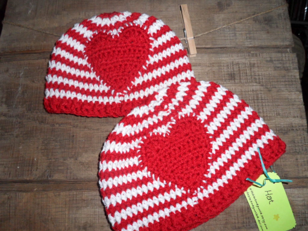 Red Heart Striped Beanie Heart Crochet Hat Baby/Toddler/Child