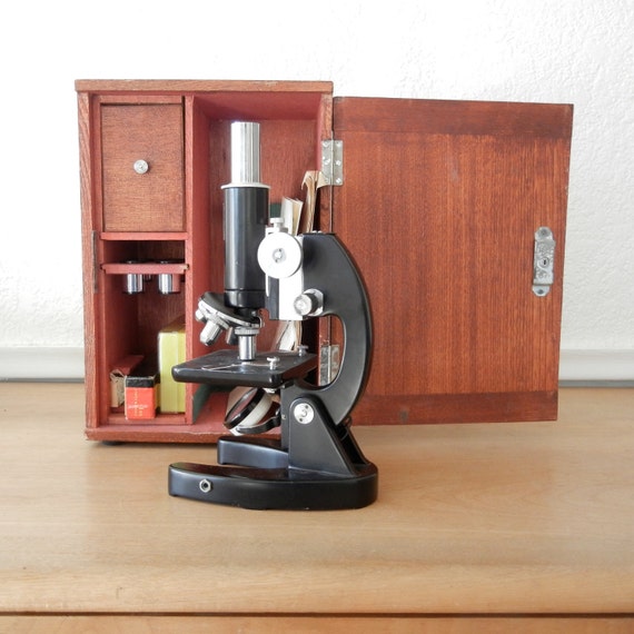 Vintage Microscope Kit in Dovetail Wood Box