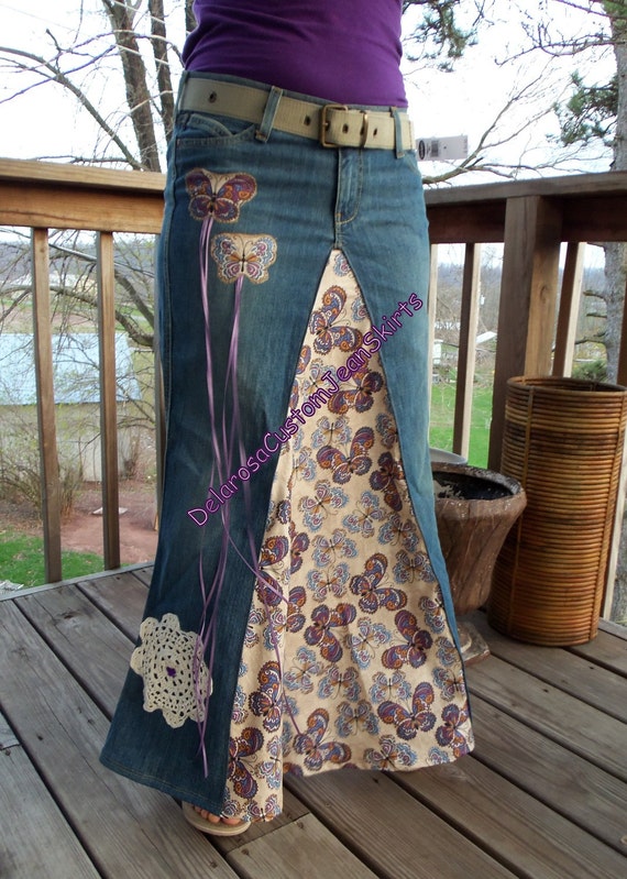 butterfly beauty hippie long jean skirt