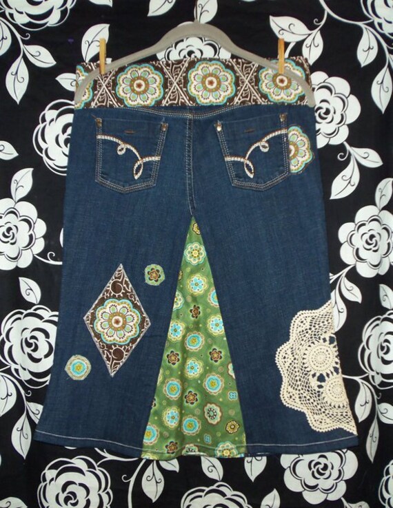 Classic Retro Hippie Jean Skirt w/ handmade reversible belt