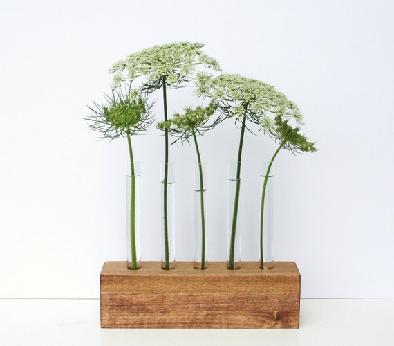 Bud Vases Test Tube Flower Vase 5holes Brown Stained Wood