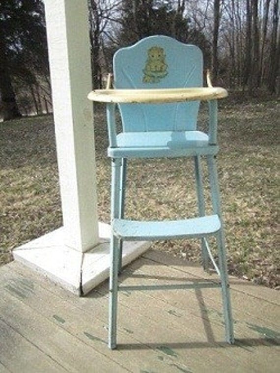 Vintage Metal Doll High Chair Pale Blue & Yellow