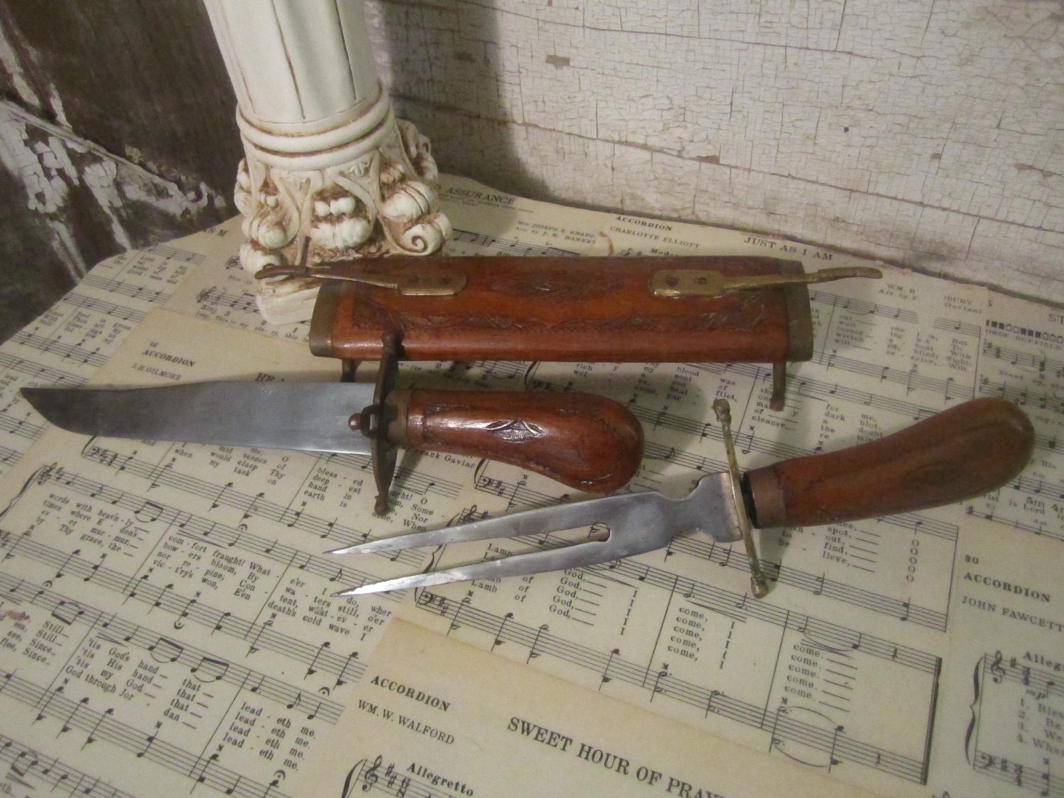 Vintage Carving Knife Set in Hand Carved Wooden Case Unique