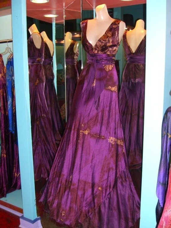silk vneck long dress w sash burgundy gold bronze dark pink