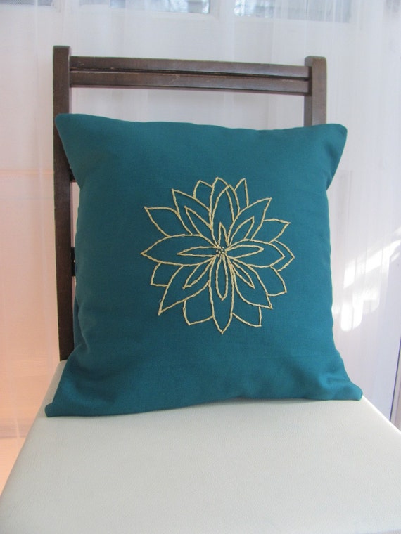 Items similar to Yellow Flower Pillow Cover. Teal or Gray. Hand
