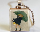 Rainy Day Girl With Emerald Green Umbrella Scrabble Tile Pendant With Ball Chain Necklace Included (ITEM 673)