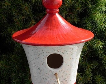 Hanging Ceramic Bird House - White with Ruby Red Roof