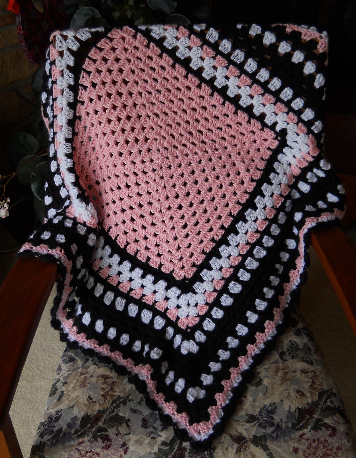 Baby Blanket Crochet Black White and Pink Granny Square