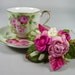 SALE Vintage Demitasse Pink Teacup & Saucer Gift Set Hand Painted with Hankie and Vintage Roses Tussie Mussie Pin