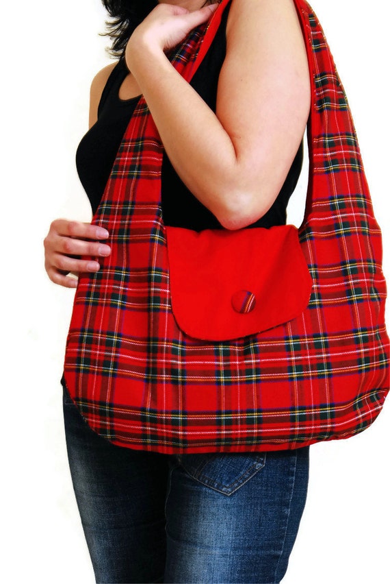 red plaid tote bag