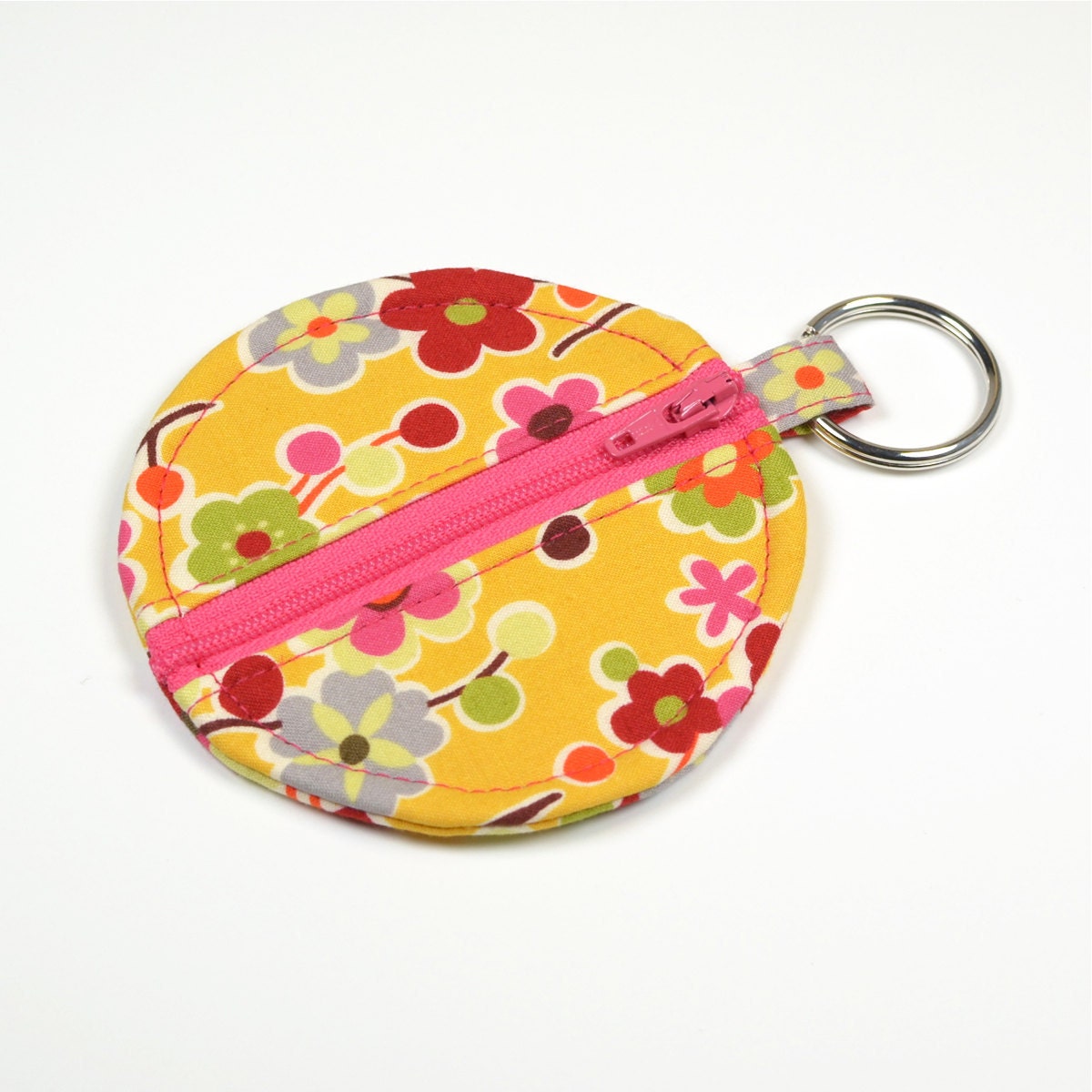 Circle Zip Earbud Pouch in Pink and Yellow Flowers