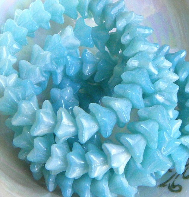 25 Aqua Blue Flowers, Czech Pressed Glass, Five Petal Bell, Opaque, 9mm