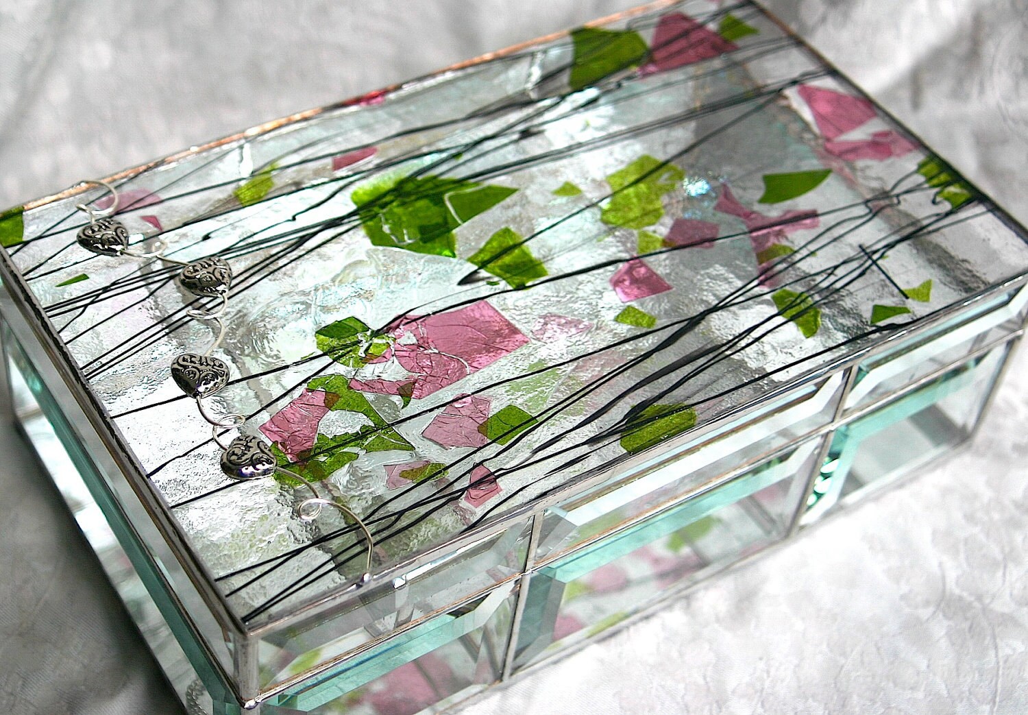 Elegant Beveled Stained Glass Jewelry Box 6x10 Pink by GaleazGlass