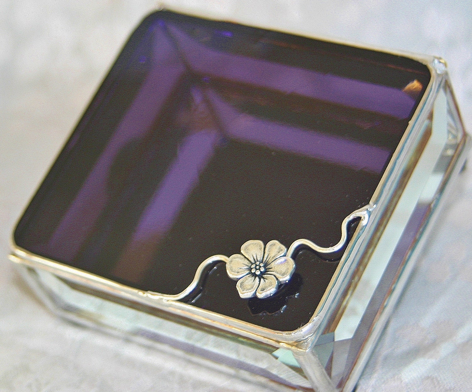 Stained Glass Jewelry Box Vivid Purple 3x3 w/ Pewter Apple