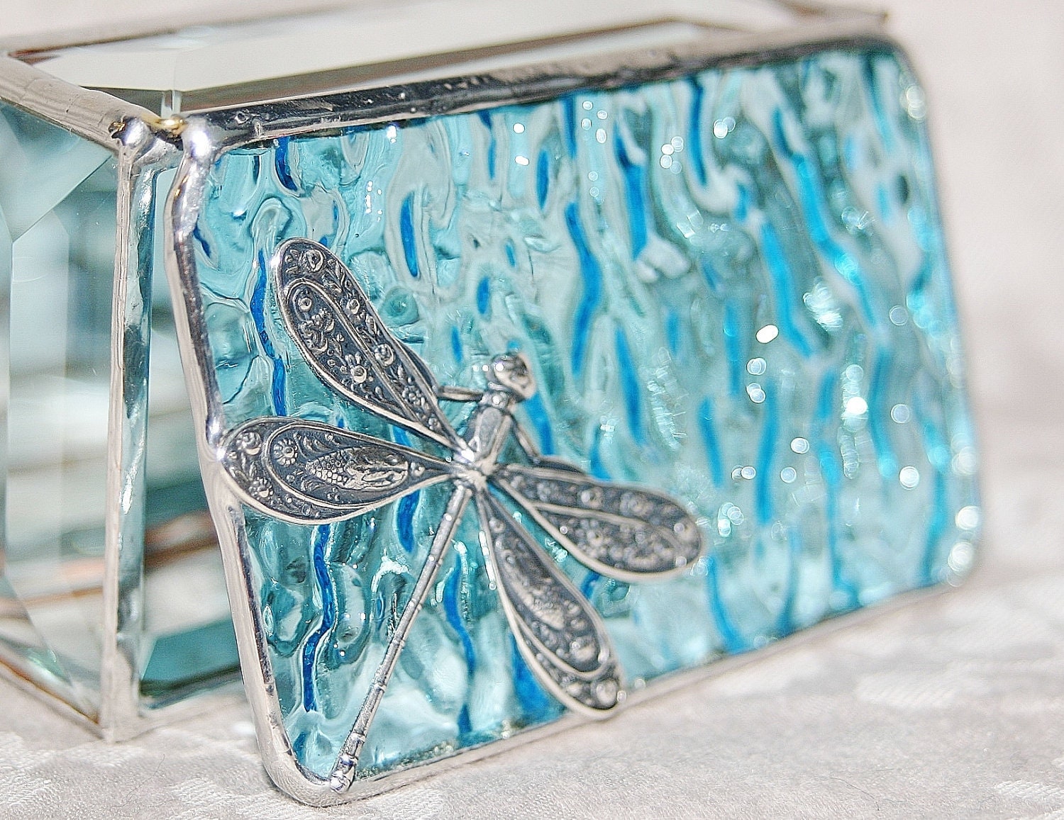 Stained Glass Jewelry Box Sky Blue 2x3 w/ Floral Stamped