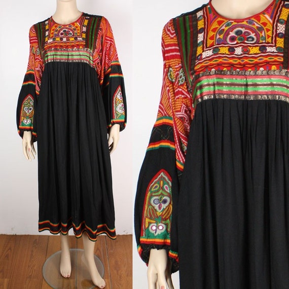 Vintage 70s India Mirrored Embroidered Hippie Dress
