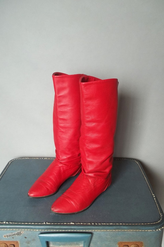 red flat slouch boots