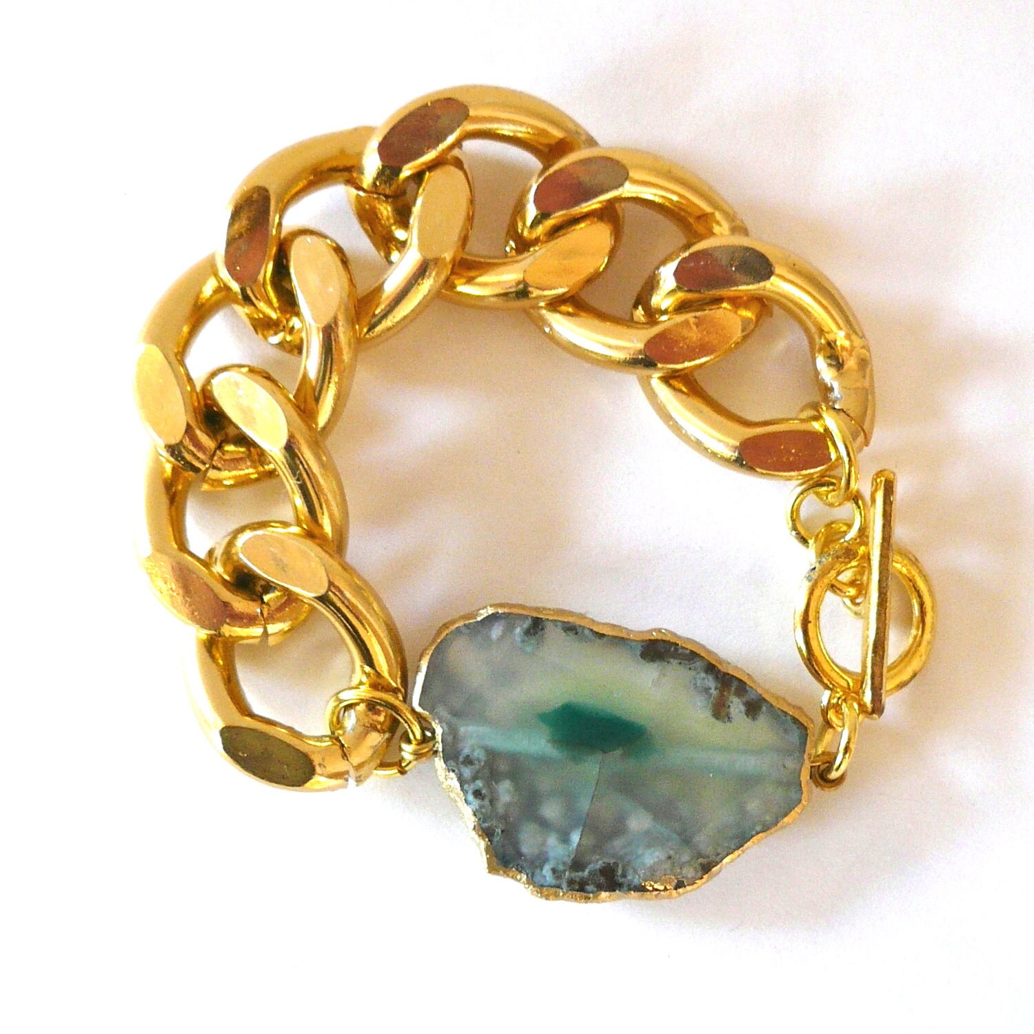 Chunky Gold Chain Link Bracelet with Mint by ElizabethStoneJewels