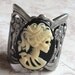 Zombie Cameo Ring, Ivory and Black, Thick Band, Adjustable Antique Silver Band