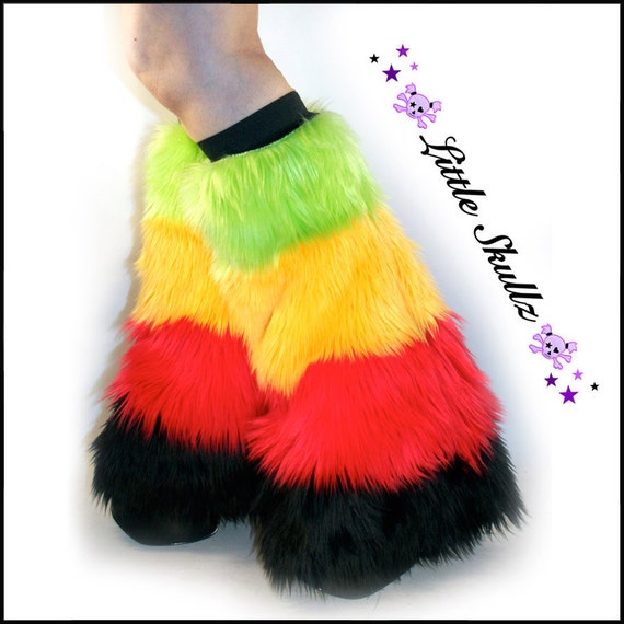 Striped Rasta Gogo Fluffies Faux Fur Boot Covers Rave Fluffy