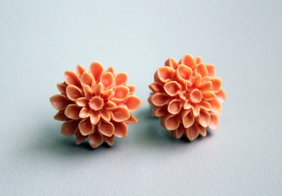 Tangerine Orange Resin Mum Flower Cabochon Earrings on by RisC