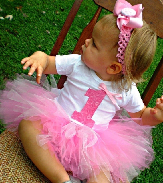 Baby Girl First Birthday Tutu Outfit with Headband and Flower Clip