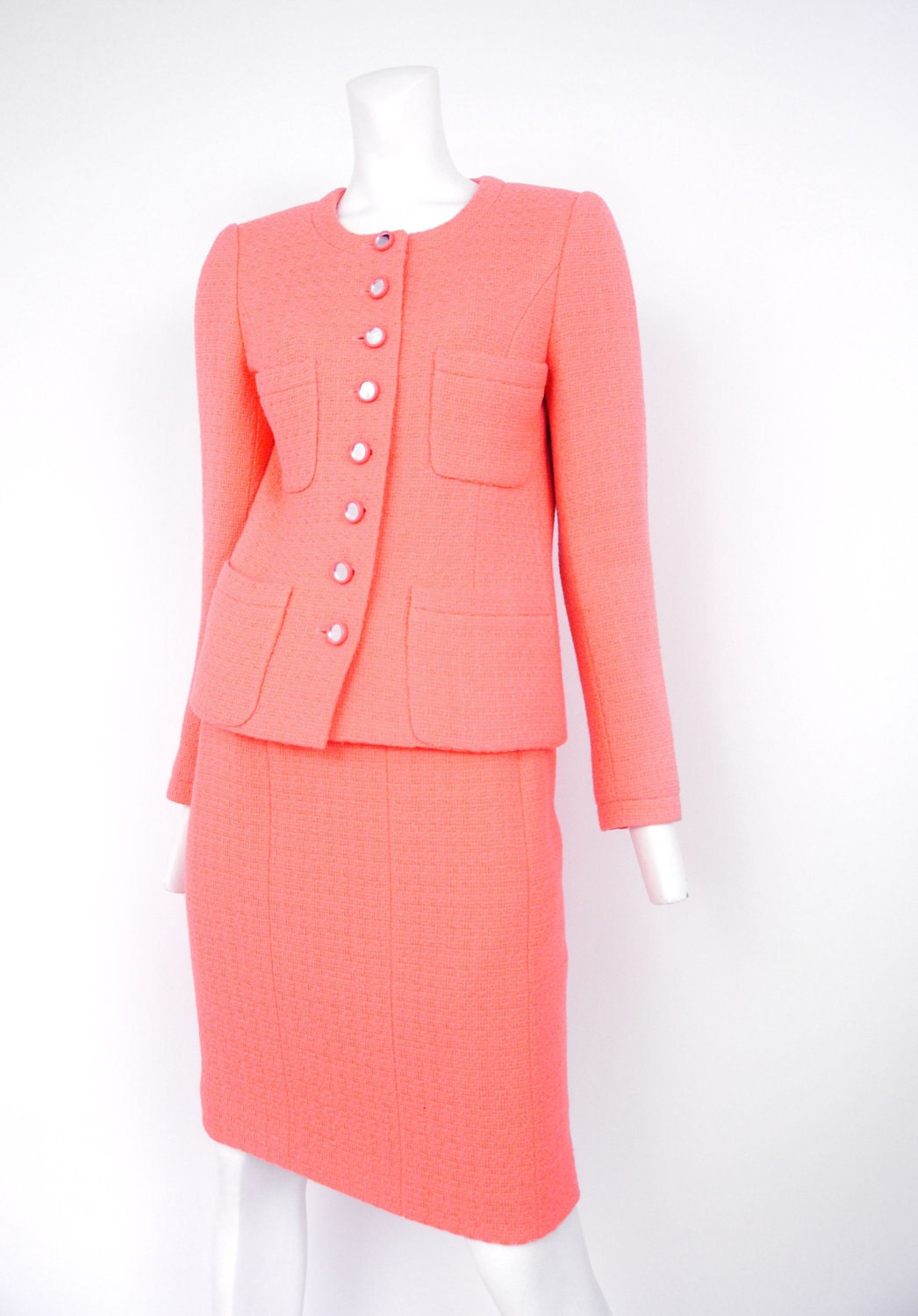 Reserved Sale. Vintage Chanel Pink Wool Suit with Mirror CC