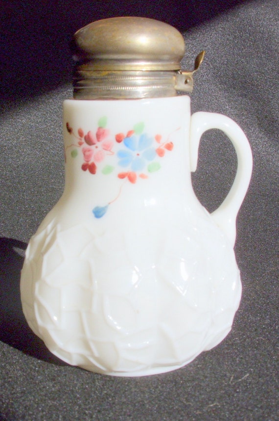 Antique Hand Painted Syrup Pitcher Milk Glass with Flowers