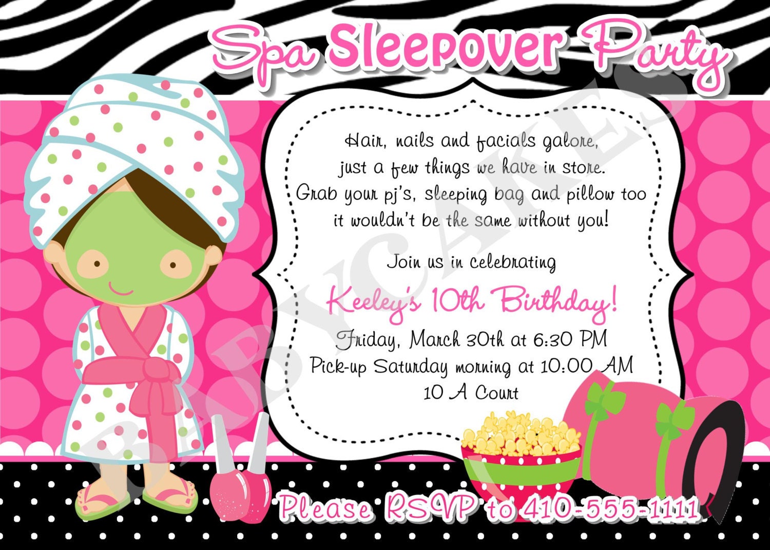 Spa Sleepover Party Birthday Invitation DIY Print Your Own
