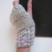 Fingerless gloves / mittens hand knitted , cabled rib in grey wool with mohair mix pink striped rib
