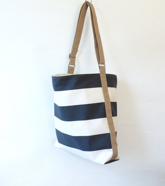 Items similar to Side Strap Shoulder Bag, Light Navy Stripe with Beige ...