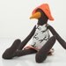 Plush - Rare species Dark Black bird With beak wearing orange hat and white dress with black scissors - handmade Soft doll