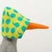 Plush - Rare species gray bird With green hat and turquoise spots , Wearing Neon orange corduroy trousers - handmade doll