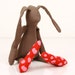 Small rabbit - Dark brown kid rabbit Wearing hot red and pink polka dots socks - handmade fabric doll