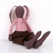brown Bunny - Plush Rabbit doll - Wearing Checkered Pink and Purple Retro shirt and Brown dotted Corduroy, handmade cloth doll