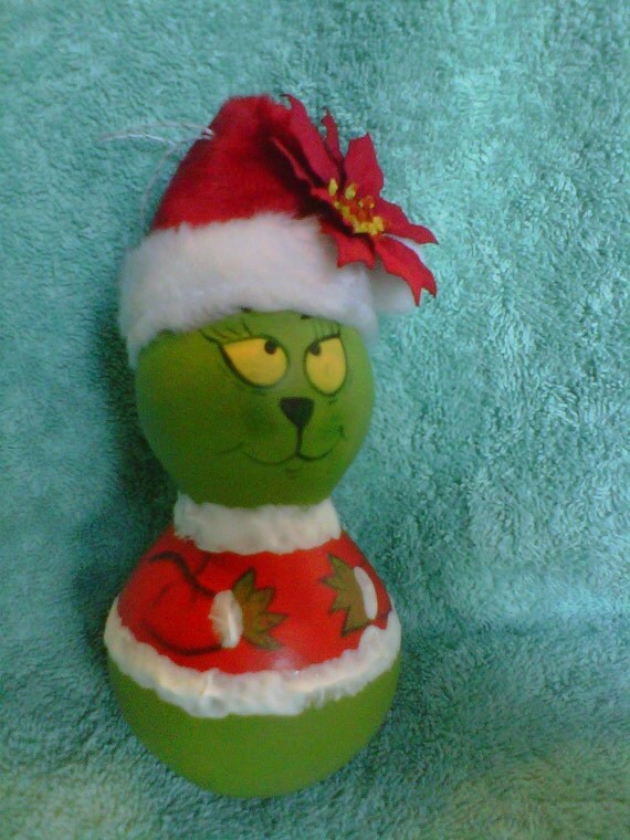 Hand painted gourd Grinch and Penguin Christmas oranment.