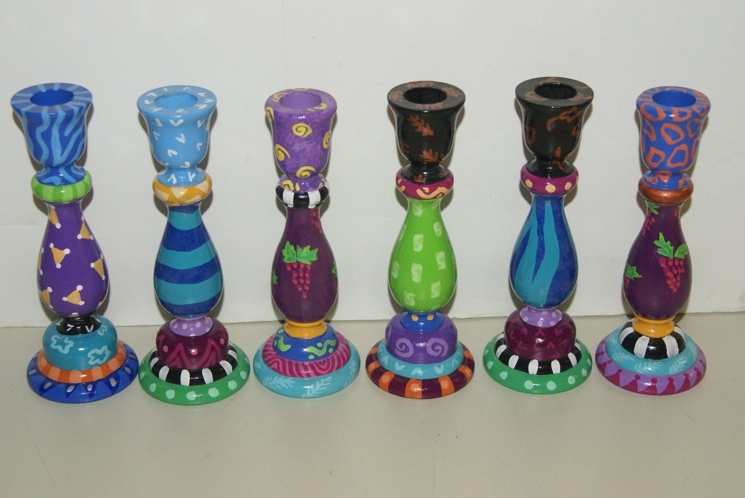 Unique Hand painted Wood Candlestick Colorful Whimsical signed